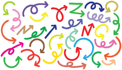 Set of cute pen line doodle element vector. Hand drawn doodle collection of arrows colorful.