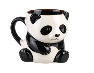 Panda Shaped Mug with Sculpted Handle and Matte Texture, Side Angle View, Transparent Background
