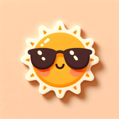 a happy little sun character with sunglasses, on a soft beige background, minimal kawaii summer sticker