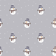 Seamless Christmas print with snowman and snowflakes