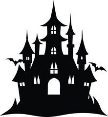 Clean minimal silhouette of a haunted castle isolated on transparent background