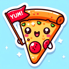 A kawaii-style slice of pizza holding a little flag that says “Yum!”, bright colors, simple cartoon lines, white sticker outline, clean flat background