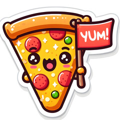 A kawaii-style slice of pizza holding a little flag that says “Yum!”, bright colors, simple cartoon lines, white sticker outline, clean flat background