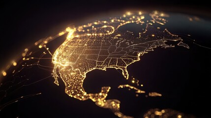 Futuristic City Lights Over North America at Night with Illuminated Map and Glowing Network Connections