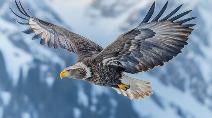 Majestic eagle soars above snowy peaks