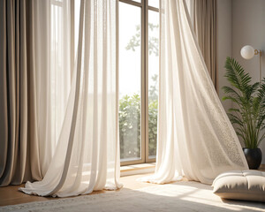 Neutral curtains gently blowing through an open window in a peaceful, light-filled interior with soft natural tones and elegant daylight - ideal for real estate and lifestyle home branding visuals