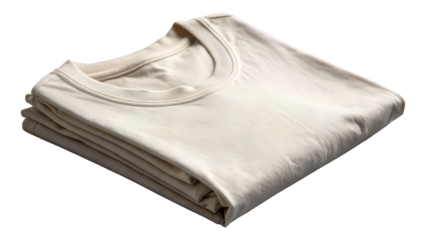 A neatly folded cream colored long sleeve thermal shirt with a crew neck isolated on transparent background