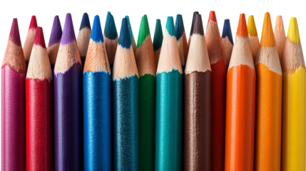 A set of colorful pencils, neatly arranged and isolated on a transparent background, showcasing their vibrant hues and sharp tips.