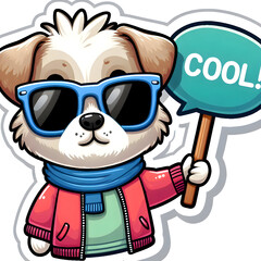  A small dog wearing sunglasses and holding a sign that says “Cool!”, fun cartoon sticker style, bright colors, bold lines, white outline