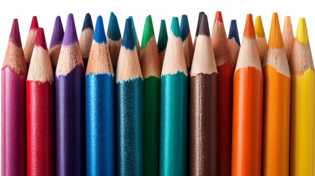 A set of colorful pencils, neatly arranged and isolated on a transparent background, showcasing their vibrant hues and sharp tips.