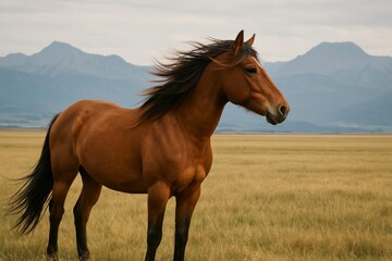 A brown horse standing in a field with mountains in the background silhouette