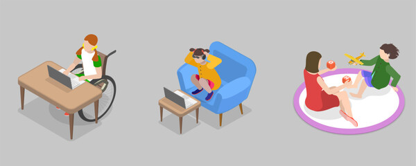 3D Isometric Flat Vector Illustration of Awareness and Inclusion in Childhood, Engaging Special Needs Students In Educational And Recreational Activities