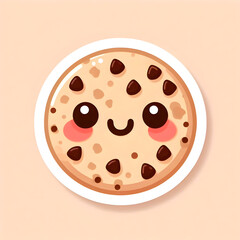 A smiling cookie with uneven chocolate chips and blushing cheeks, cute face, outlined in white, light peach background, flat sticker layout