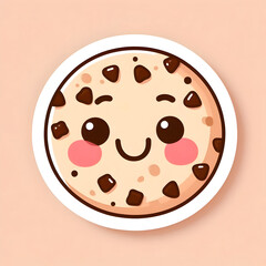 A smiling cookie with uneven chocolate chips and blushing cheeks, cute face, outlined in white, light peach background, flat sticker layout