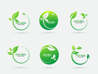 Green natural Leaf logo set with Eco Circular badge design in an isolated white background. Eco-Friendly leaf logo templates round green nature badges. Leaf Circle Logo Collection design. 