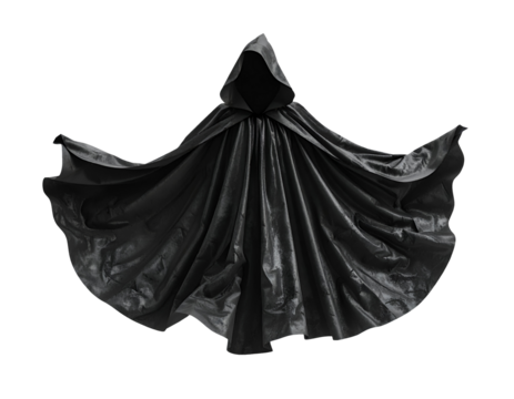 Flowing black hooded cloak open wide for fantasy or Halloween costume on isolated background