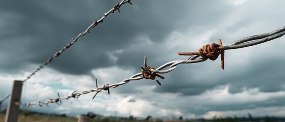 Barbed Wire Strands with Rust, Cloudy Sky Background