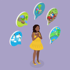 3D Isometric Flat Vector Illustration of Fantasy and Brainstorm Process Visualization, Woman Dreams