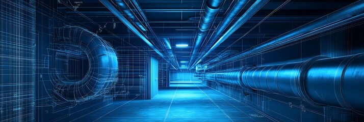 Obraz premium Futuristic industrial tunnel with blueprints and large pipes in dim lighting