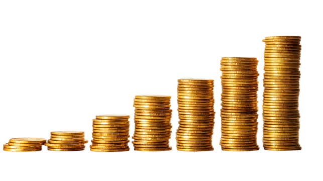 Gold coin stacks showing growth isolated on white background