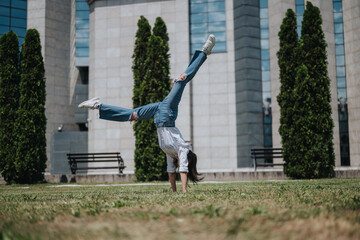 A woman in casual clothes performing a handstand on a lawn with an urban background.