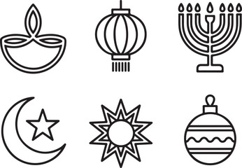 Line Art Icons Representing Diverse Cultural and Religious Holidays and Celebrations
