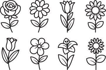 Seamless Pattern of Simple Black and White Flower Illustrations for Coloring Pages