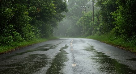 Serene view of a wet asphalt road leading through a dense green forest on a foggy, rainy day.