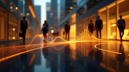 Businesspeople walk in an urban corridor with glowing, futuristic data visualizations on the reflective ground.