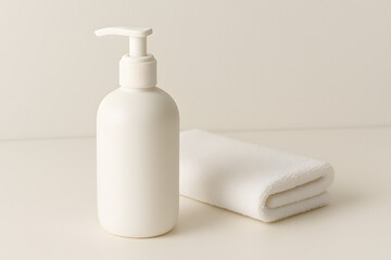 Blank White Pump Bottle with Folded Towel on Minimal Background
