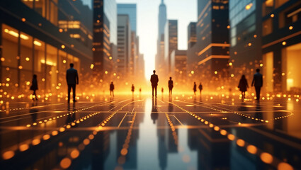 Fototapeta premium Silhouettes of business people walk on a reflective urban path, surrounded by glowing golden lights and skyscrapers.