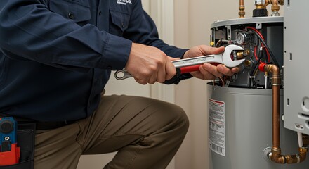 Close-up of male technician repairing a water heater at home, representing plumbing, maintenance services, and home energy systems.