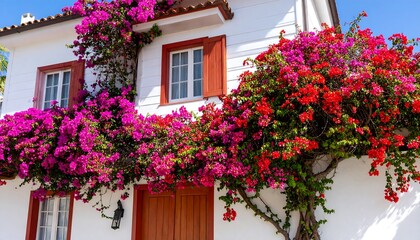 Colorful house facade adorned with vibrant bougainvillea