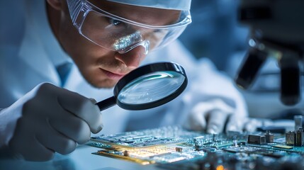Engineer in lab coat analyzing circuit board with magnifying glass in a clean tech lab.
Concept : Electronics engineering, technology analysis, precision work, clean lab environment.