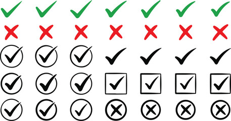Versatile Simple check and cross icon set with multiple color options, Versatile icon set for digital and print design applications