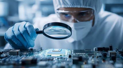 Engineer in lab coat analyzing circuit board with magnifying glass in a clean tech lab.
Concept : Electronics engineering, technology analysis, precision work, clean lab environment.