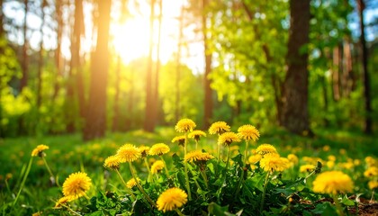 Sunlight filters through a forest, illuminating yellow dandelions in a grassy meadow