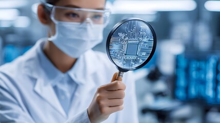 Engineer in lab coat analyzing circuit board with magnifying glass in a clean tech lab.
Concept : Electronics engineering, technology analysis, precision work, clean lab environment.