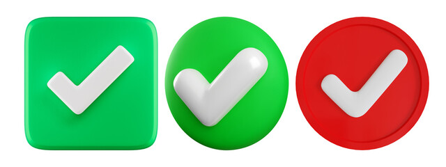 3d check icon, checklist tick, done mark. Vector realistic plastic style checkmark, symbol of selection, confirmation or approval. Yes button for web design or app