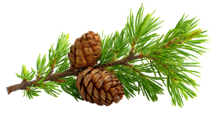 A lush green pine branch adorned with two brown pinecones, isolated on a transparent background, highlighting the natural textures and vibrant colors of the foliage.