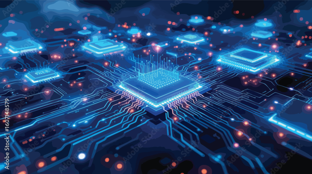 Poster glowing circuit board design depicting advanced digital technology and data processing.