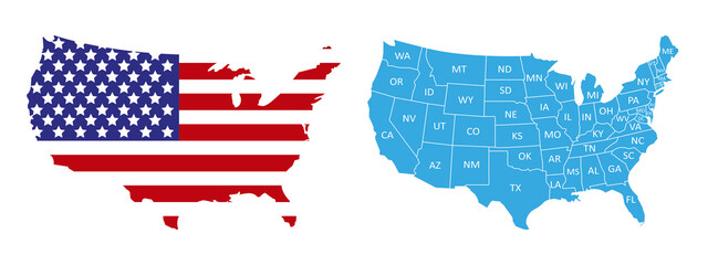 USA map states. High detailed USA map. Labeled with postal abbreviatations. Stock vector.