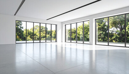Fototapeta premium A modern office space with large windows overlooking a lush green garden natural light streams 