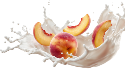 Peach slices splashing in milk isolated on white background