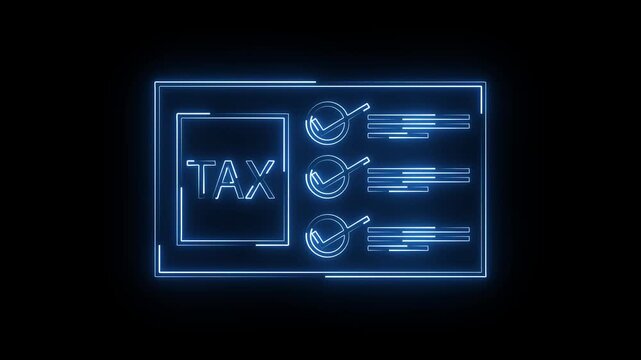 A bright neon "TAX" icon flickers to life, pulses rhythmically, then glows steadily. Occasional electric sparks animate around the edges, emphasizing urgency and financial importance.
