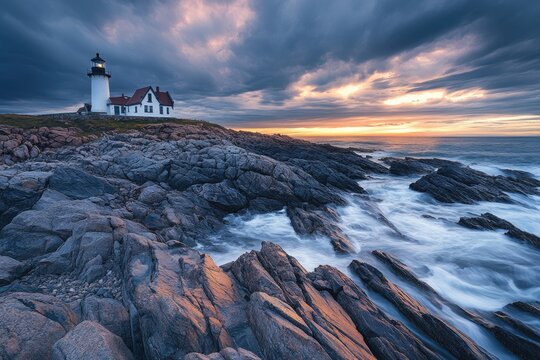 Dramatic sunrise over a rocky coastline with a lighthouse (1)
