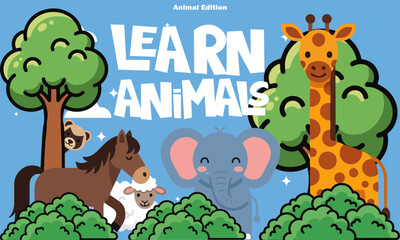 A bright and cheerful cartoon illustration designed for learning about animals. design for kids book cover