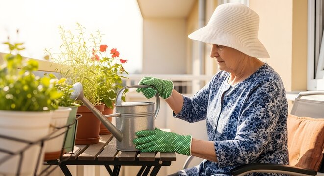 Senior woman watering plants on a sunny balcony. - Powered by Adobe