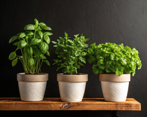 Fototapeta premium Small green plant with three leaves in a POT WITH BLACK BACKGROUND