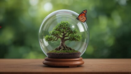 Miniature tree thriving inside a clear glass dome, symbolizing nature's delicate balance and environmental preservation, with a butterfly on its surface.